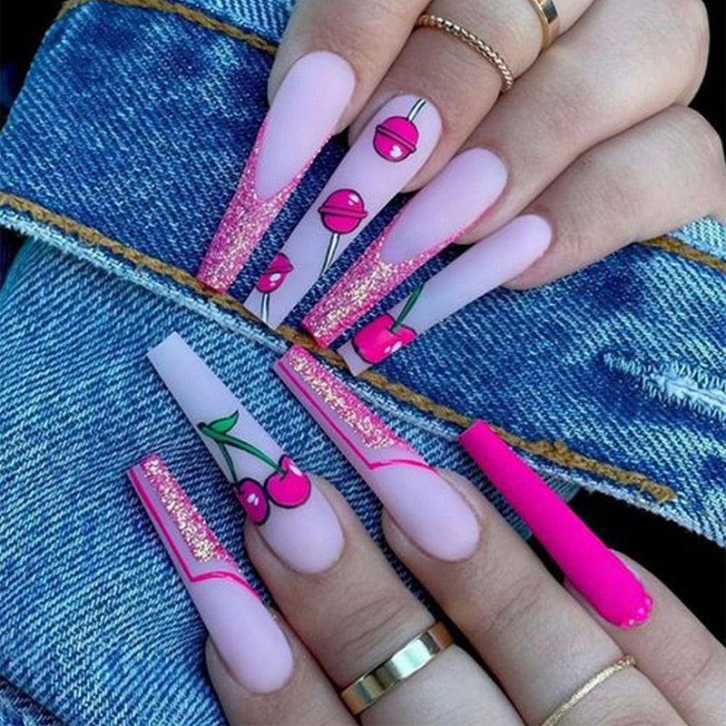 24Pcs Wearable False Nails with glue Long Ballerina Pink Press On Nails French Full Cover Coffin Fake Nails tip with rhinestones