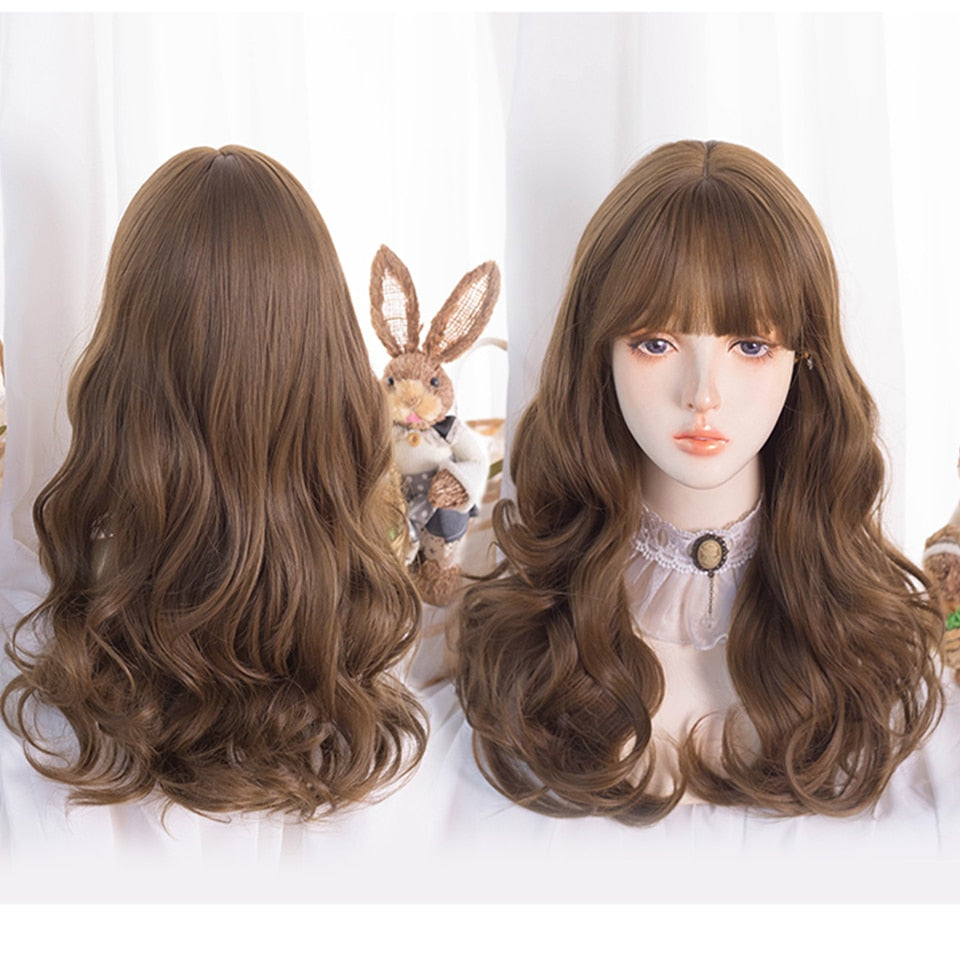Synthetic long wavy curly hair female cold brown black cosplay Lolita pink purple blue wig heat-resistant bangs