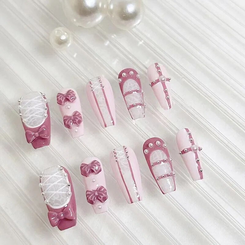 10 Piece For Set White Bow French Style fake nail patch Fairy Dreamy Cute Long T False Nail Art Finished Press On Wearable Nail