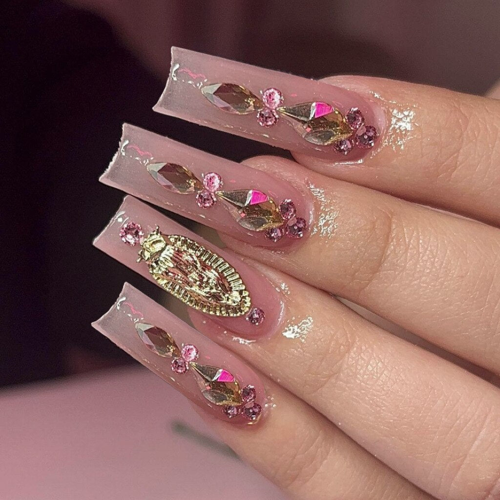 24Pcs Extra Long Ballet False Nails with Rhinestone Acrylic Square Head Fake Nails Heart-shaped Designs Wearable Press on Nails