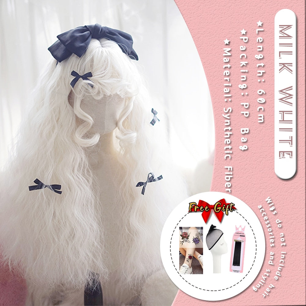 Extra Long Curly Hair with Bangs Cosplay Party Lolita Synthetic Wigs Heat Resistant Fiber