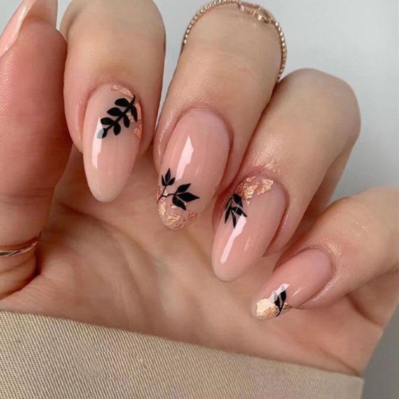24pcs Almond Full Cover y2k black Sweet Fake Nails with glue cool Stiletto press on nails French artificial Nails With designs