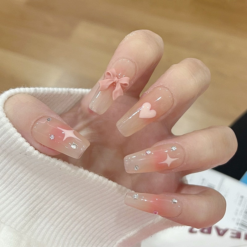 24pcs Butterfly decorated false nails Removable Long Paragraph Manicure fake nail tips full cover acrylic for girls nail