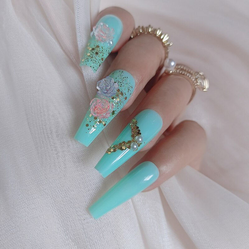 24pcs luxury jewelry long ballet coffin fake nails crystal diamond Transparent