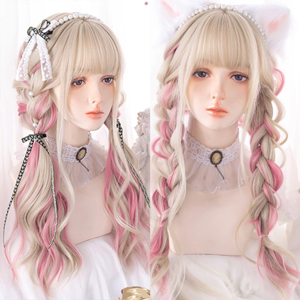 Synthetic long wavy curly hair female cold brown black cosplay Lolita pink purple blue wig heat-resistant bangs