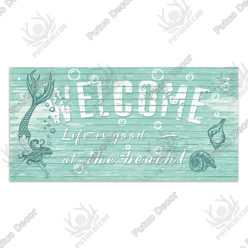 Putuo Decor Beach Home Signs Wood Wall Plaque Wooden Signs Welcome Decor Hanging Plate for Beach House Home Bedroom Tent Decor