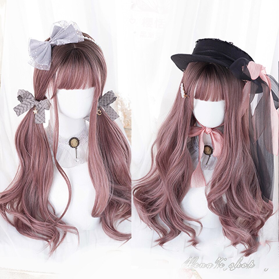 Synthetic long wavy curly hair female cold brown black cosplay Lolita pink purple blue wig heat-resistant bangs