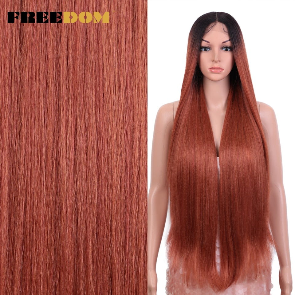 Straight Synthetic Lace Wigs For Women Ombre Brown Handtied Lace Wig 36 Inch Middle Part Long Blue Pink Cosplay Wig