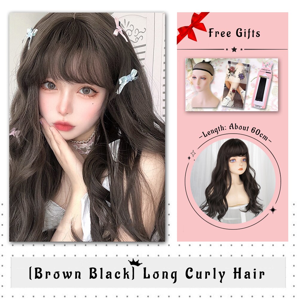 Brown Black Gold Wool Roll Synthetic Wig For Women Long Roll Wig Bangs Cosplay Party Heat Resistant Hair