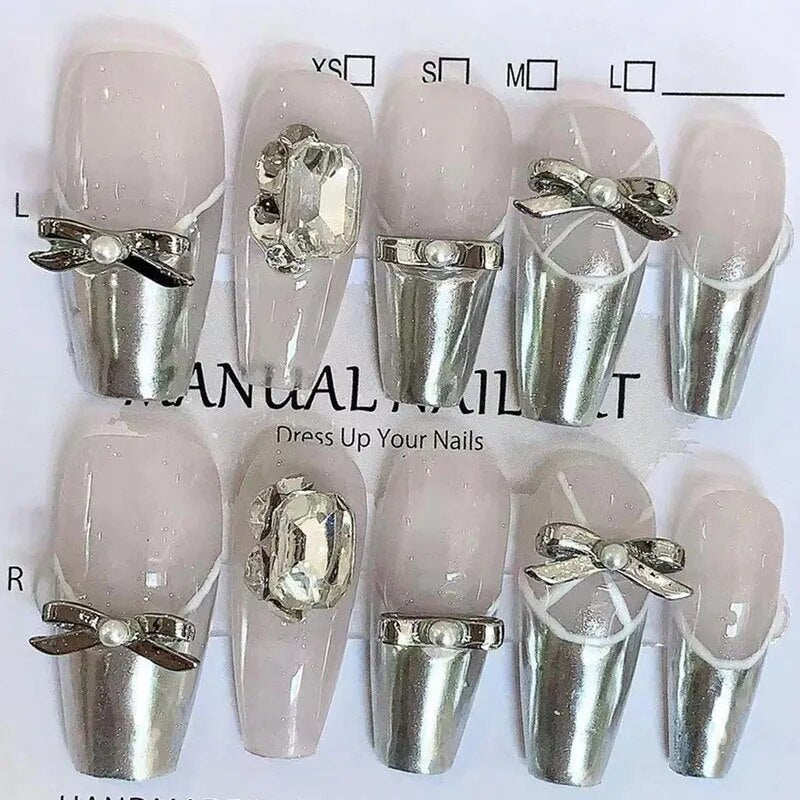 10 Piece For Set White Bow French Style fake nail patch Fairy Dreamy Cute Long T False Nail Art Finished Press On Wearable Nail