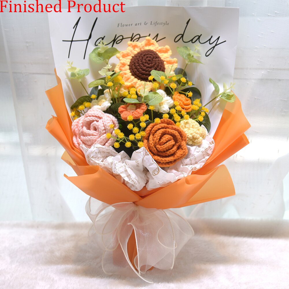 Finished Product Knitting Flowers Rose Tulip Fake Flowers Bouquet Wedding Decoration Hand-woven Home Decorate Knit Flower Gifts