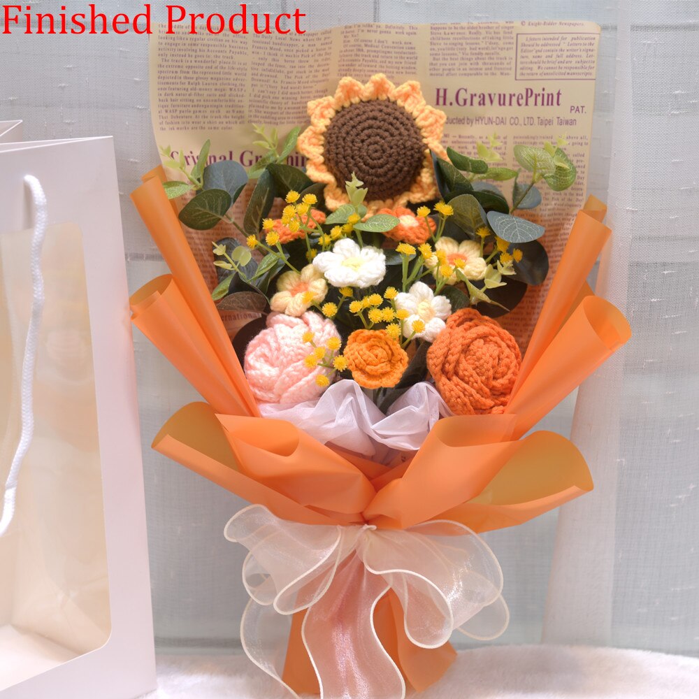 Finished Product Knitting Flowers Rose Tulip Fake Flowers Bouquet Wedding Decoration Hand-woven Home Decorate Knit Flower Gifts