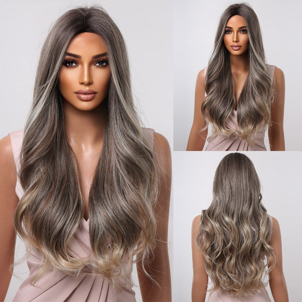 Long Wavy Black Natural Hair Wig Synthetic Middle Part Wigs for Black Women Heat Resistant Water Wave Cosplay Daily Use Wig