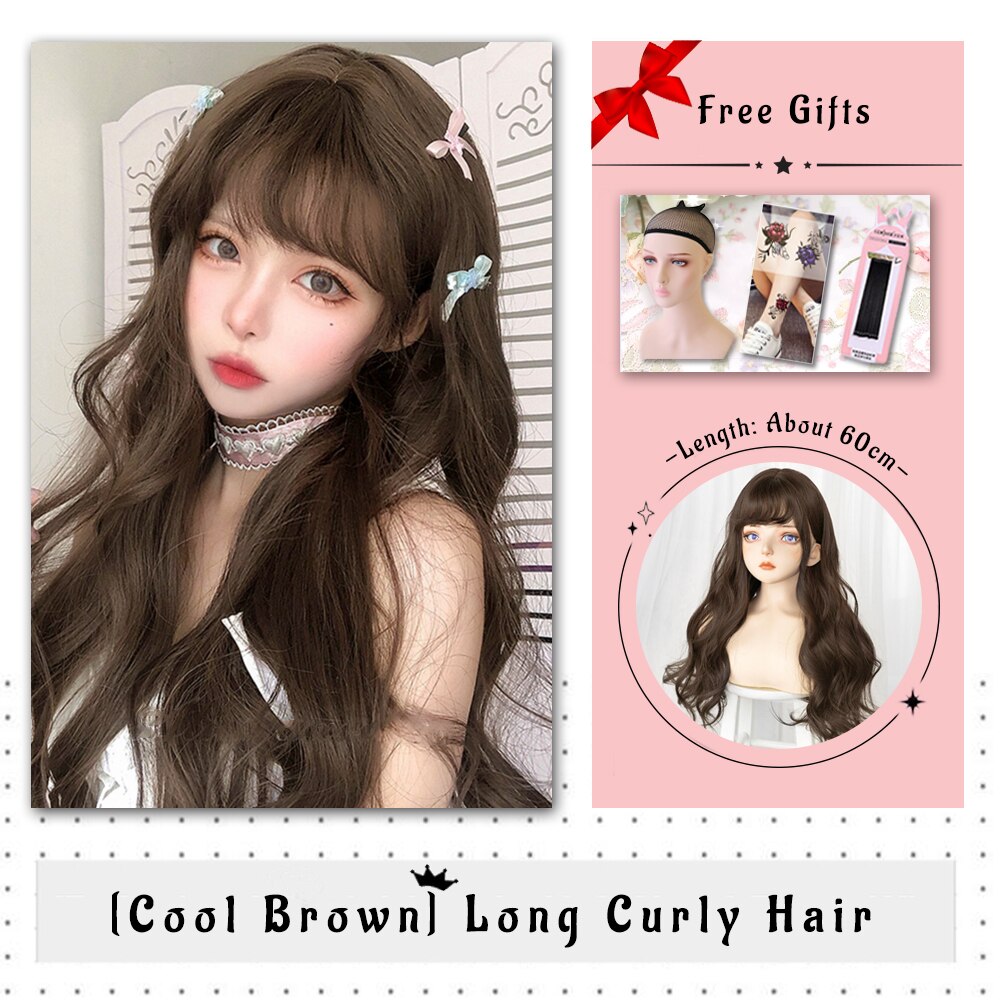 Brown Black Gold Wool Roll Synthetic Wig For Women Long Roll Wig Bangs Cosplay Party Heat Resistant Hair