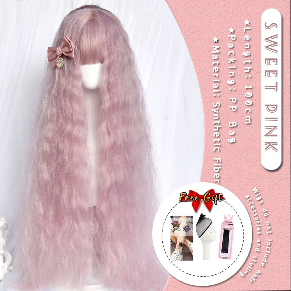 Extra Long Curly Hair with Bangs Cosplay Party Lolita Synthetic Wigs Heat Resistant Fiber
