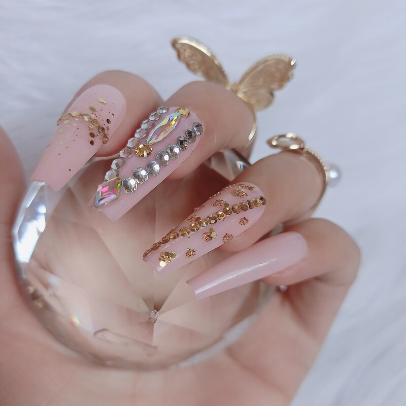 24pcs luxury jewelry long ballet coffin fake nails crystal diamond Transparent