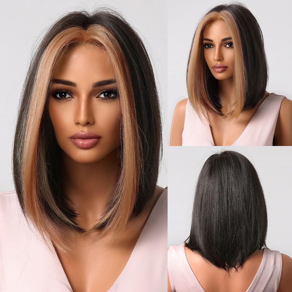 Purple Pink Ombre Black Short Straight Synthetic Wigs with Bangs Bob Wig for Women Daily Cosplay Party Heat Resistant Fake Hairs