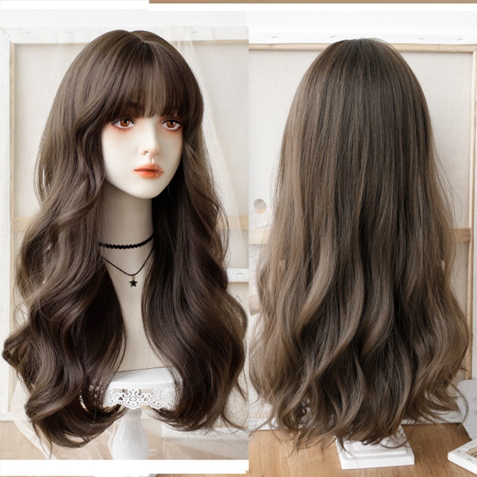 Synthetic long wavy curly hair female cold brown black cosplay Lolita pink purple blue wig heat-resistant bangs