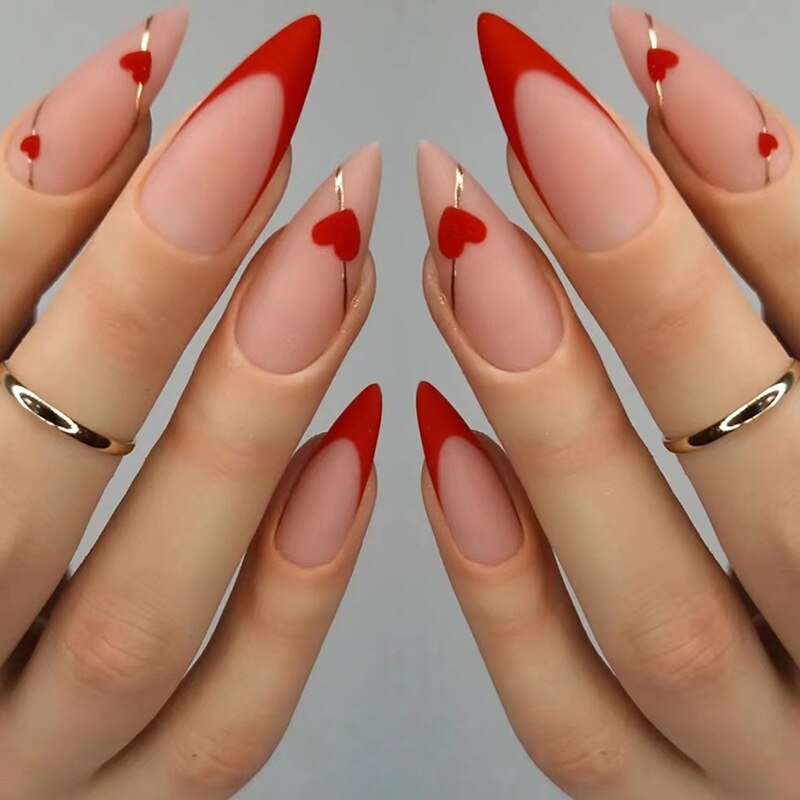 24pcs Almond Full Cover y2k black Sweet Fake Nails with glue cool Stiletto press on nails French artificial Nails With designs