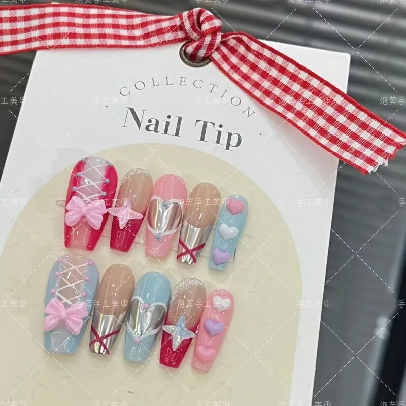 10 Piece For Set White Bow French Style fake nail patch Fairy Dreamy Cute Long T False Nail Art Finished Press On Wearable Nail