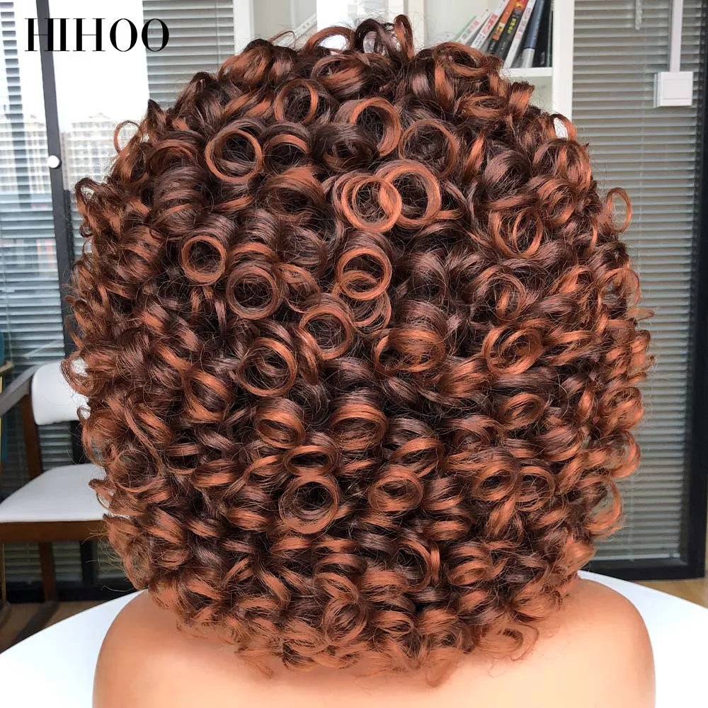 Synthetic Hair Short Afro Kinky Curly Wigs with Bangs For Black Women Cosplay Natural Hair Ombre Mixed Brown Blonde Wig