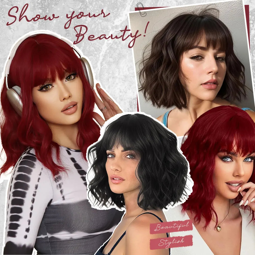 Black Wavy Wigs with Bangs Short Black Bob Wigs for Women Synthetic Natural Looking Heat Resistant Fiber Hair