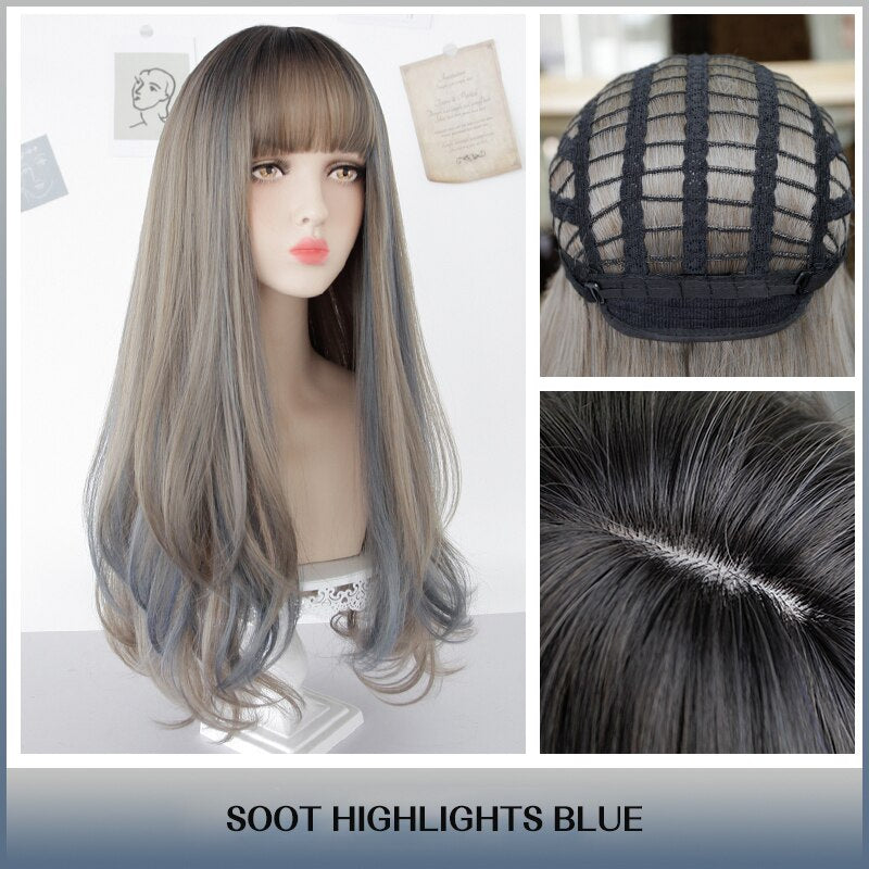 Cosplay Wig With Bangs Synthetic Straight Hair 24 Inch Long Heat-Resistant Pink Wig For Women