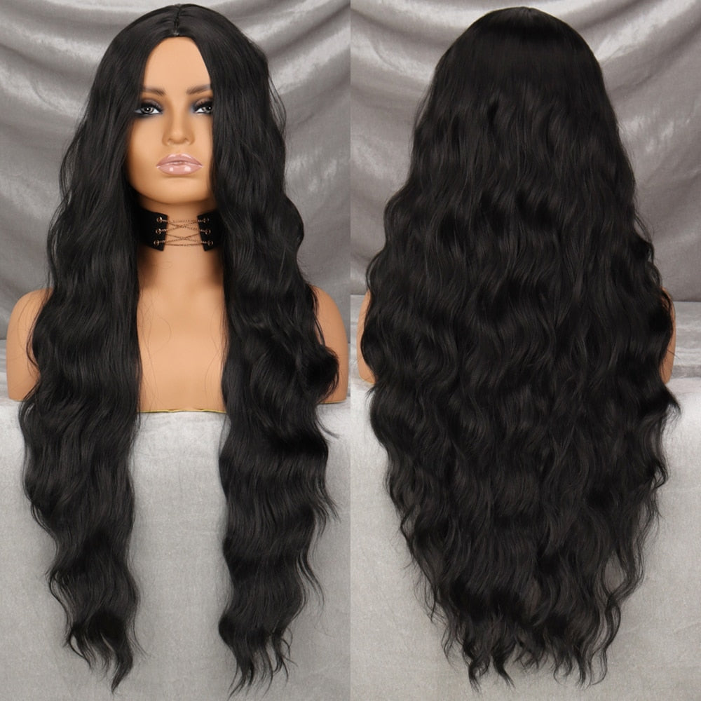 Long Wavy Green Synthetic Wig Women's Heat-Resistant Natural Half Part Cosplay Party Lolita Red Black Pink Wig