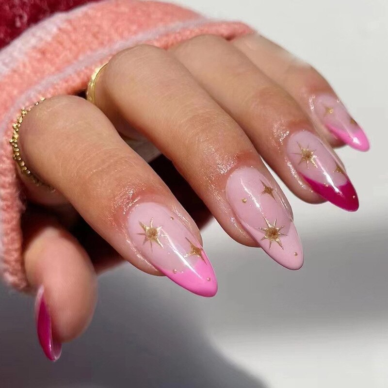 24pcs Almond Full Cover y2k black Sweet Fake Nails with glue cool Stiletto press on nails French artificial Nails With designs