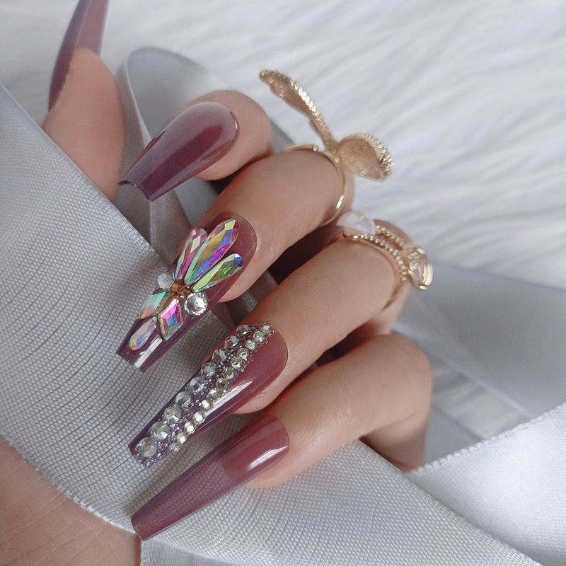 24pcs luxury jewelry long ballet coffin fake nails crystal diamond Transparent