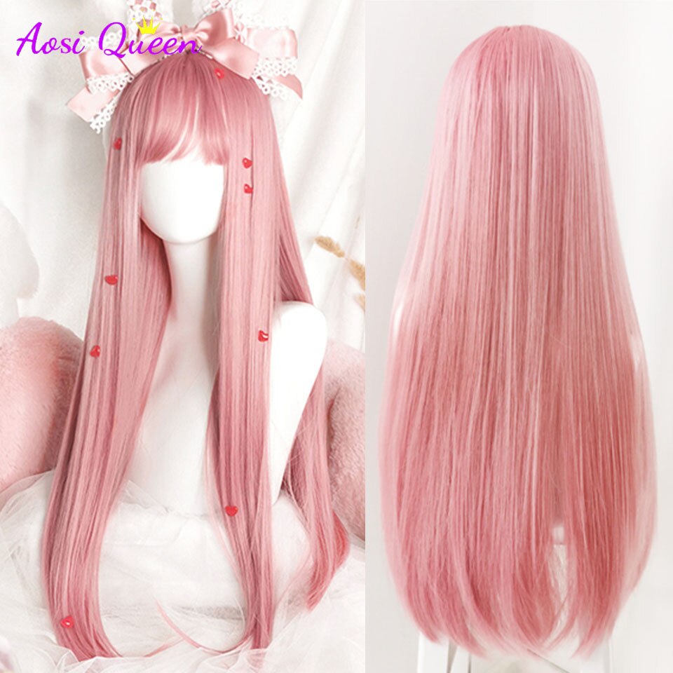 Cosplay Wig With Bangs Synthetic Straight Hair 24 Inch Long Heat-Resistant Pink Wig For Women