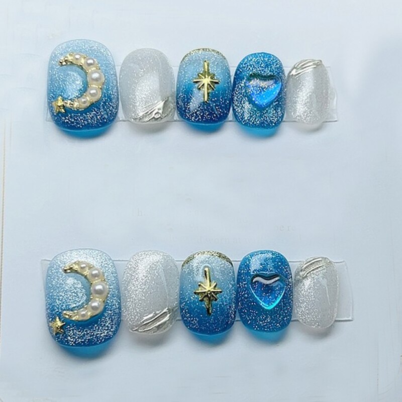 Blue Whale Handmade Wearable Fake Nails Mermaid Ocean Wearing Nails Sticker Reusable Press On Nail Patches Decoration