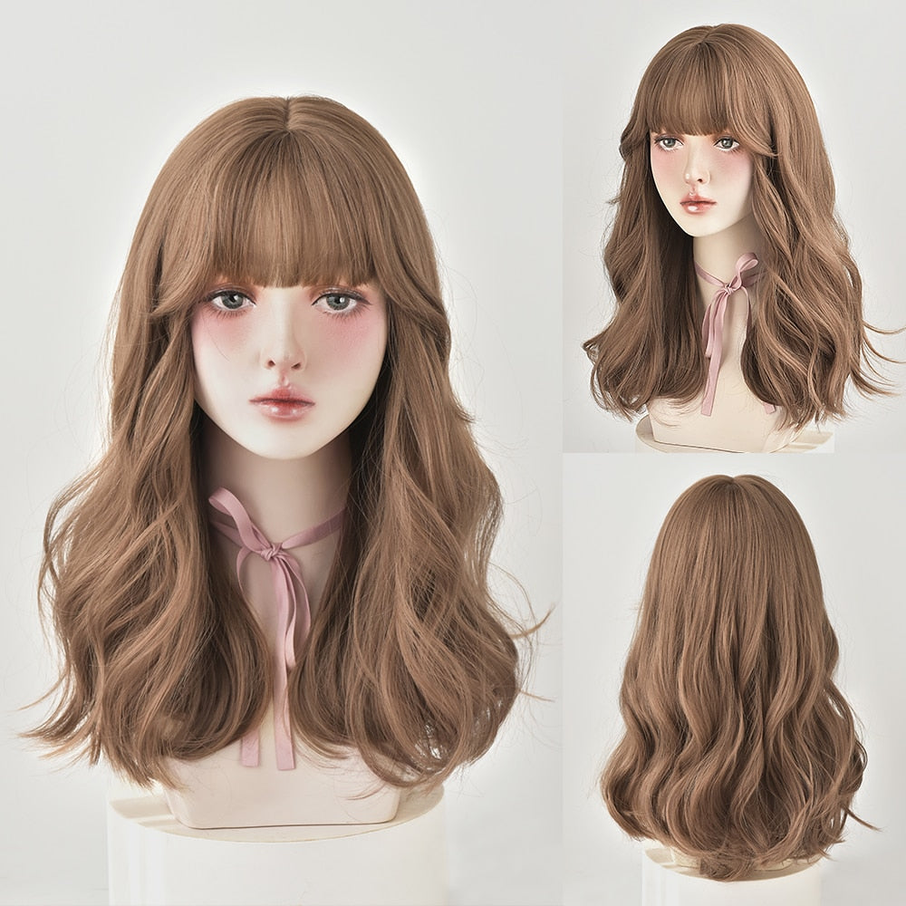 Long Curly Hair Women Wig with Bangs Daily Brown Black Pink Lolita Cosplay Braided Wigs Heat Resistant Fiber