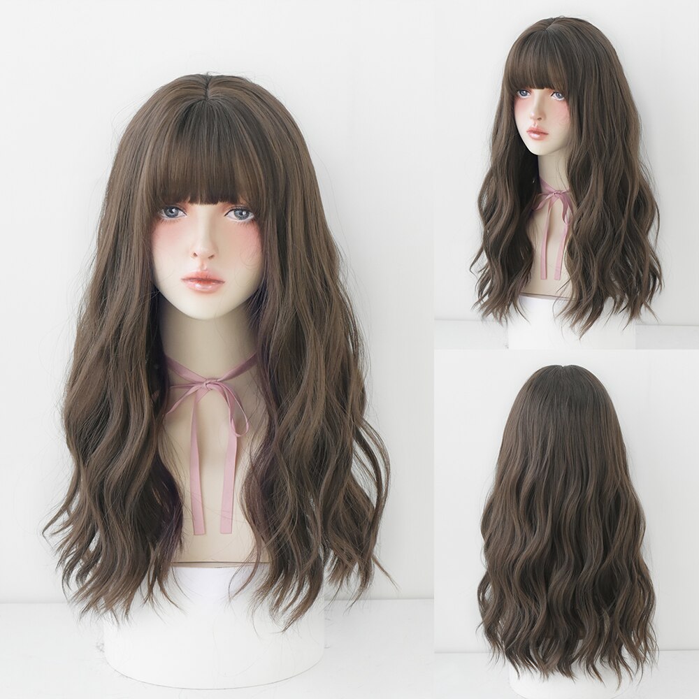 Long Curly Hair Women Wig with Bangs Daily Brown Black Pink Lolita Cosplay Braided Wigs Heat Resistant Fiber