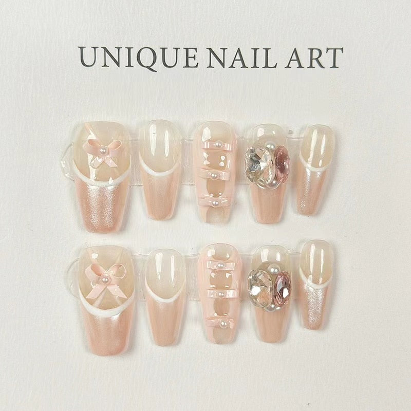10 Piece For Set White Bow French Style fake nail patch Fairy Dreamy Cute Long T False Nail Art Finished Press On Wearable Nail