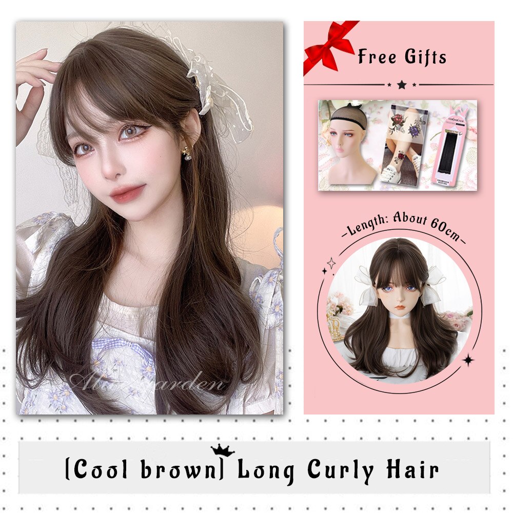 Brown Black Gold Wool Roll Synthetic Wig For Women Long Roll Wig Bangs Cosplay Party Heat Resistant Hair