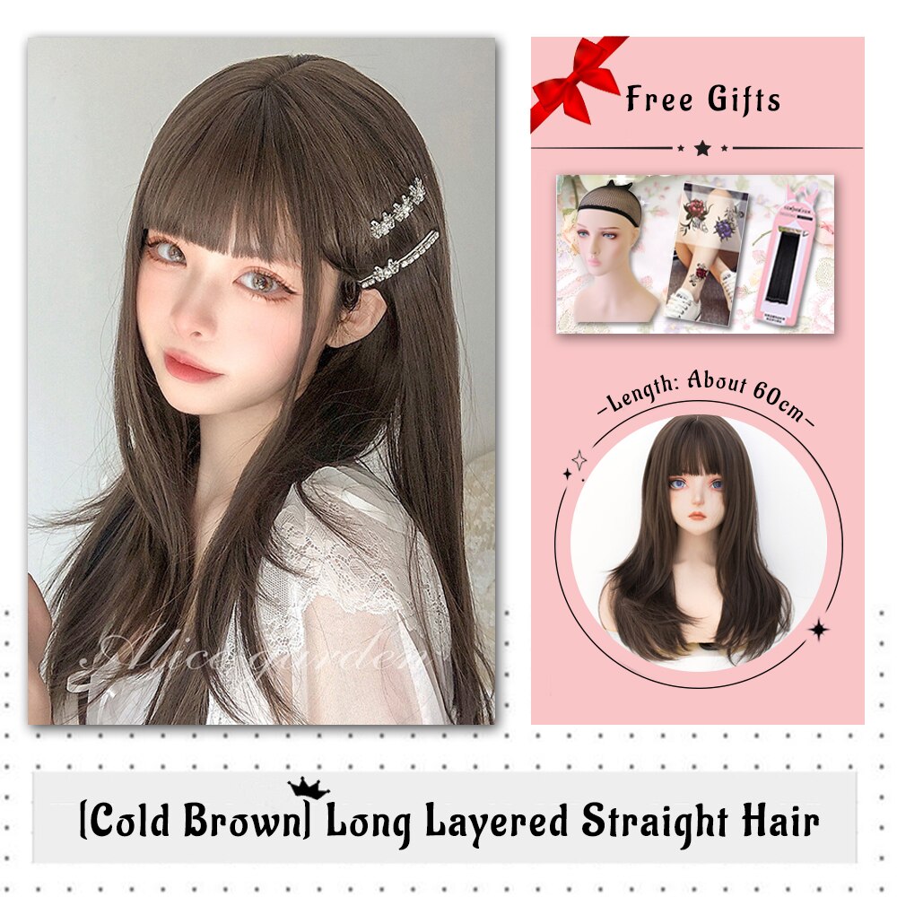 Brown Black Gold Wool Roll Synthetic Wig For Women Long Roll Wig Bangs Cosplay Party Heat Resistant Hair