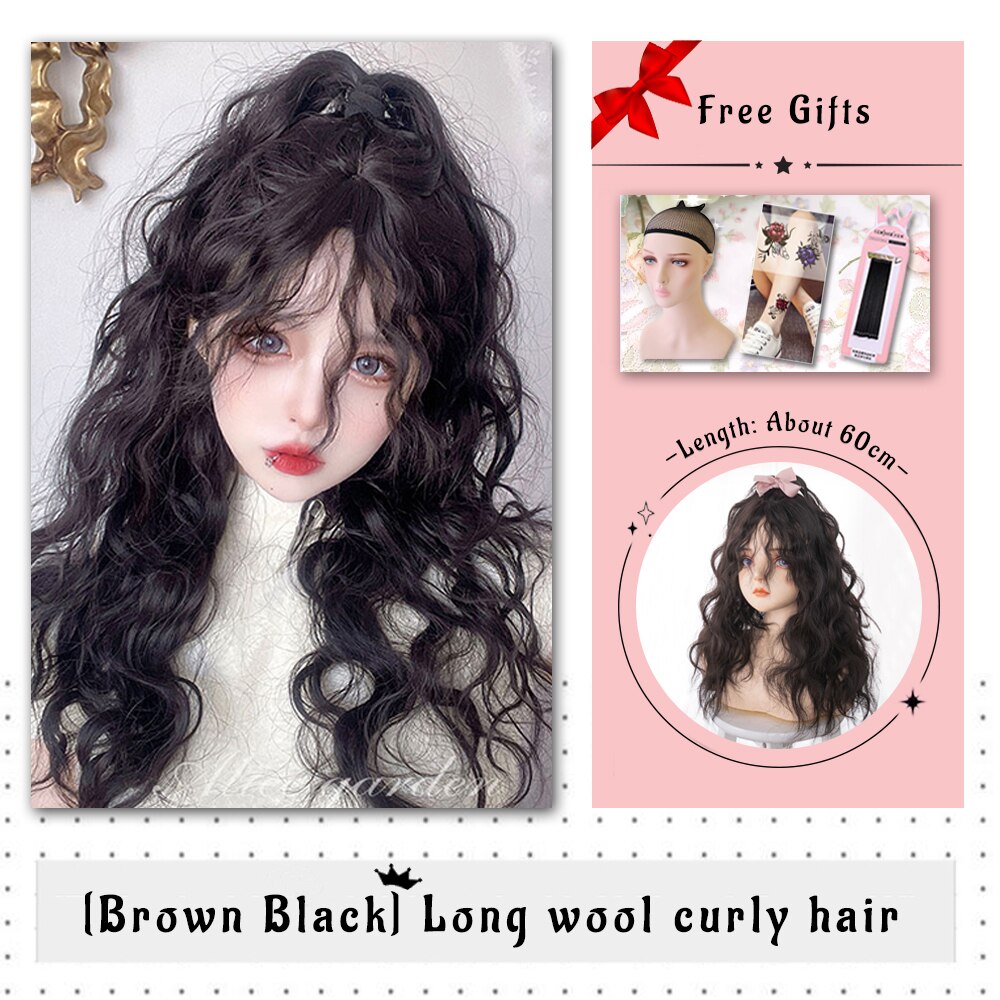 Brown Black Gold Wool Roll Synthetic Wig For Women Long Roll Wig Bangs Cosplay Party Heat Resistant Hair
