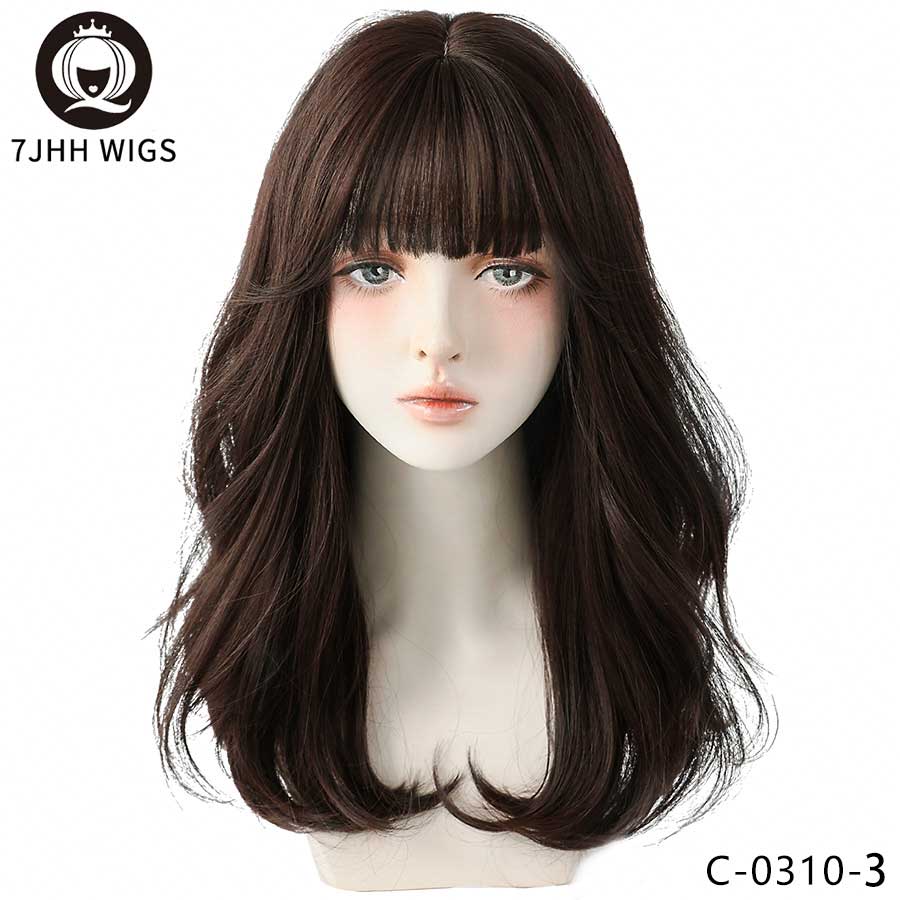 WIGS Long Wavy Curly Black Brown Synthetic Blend Wigs With Fluffy Bangs For Women Daily Wear Four Seasons Hair