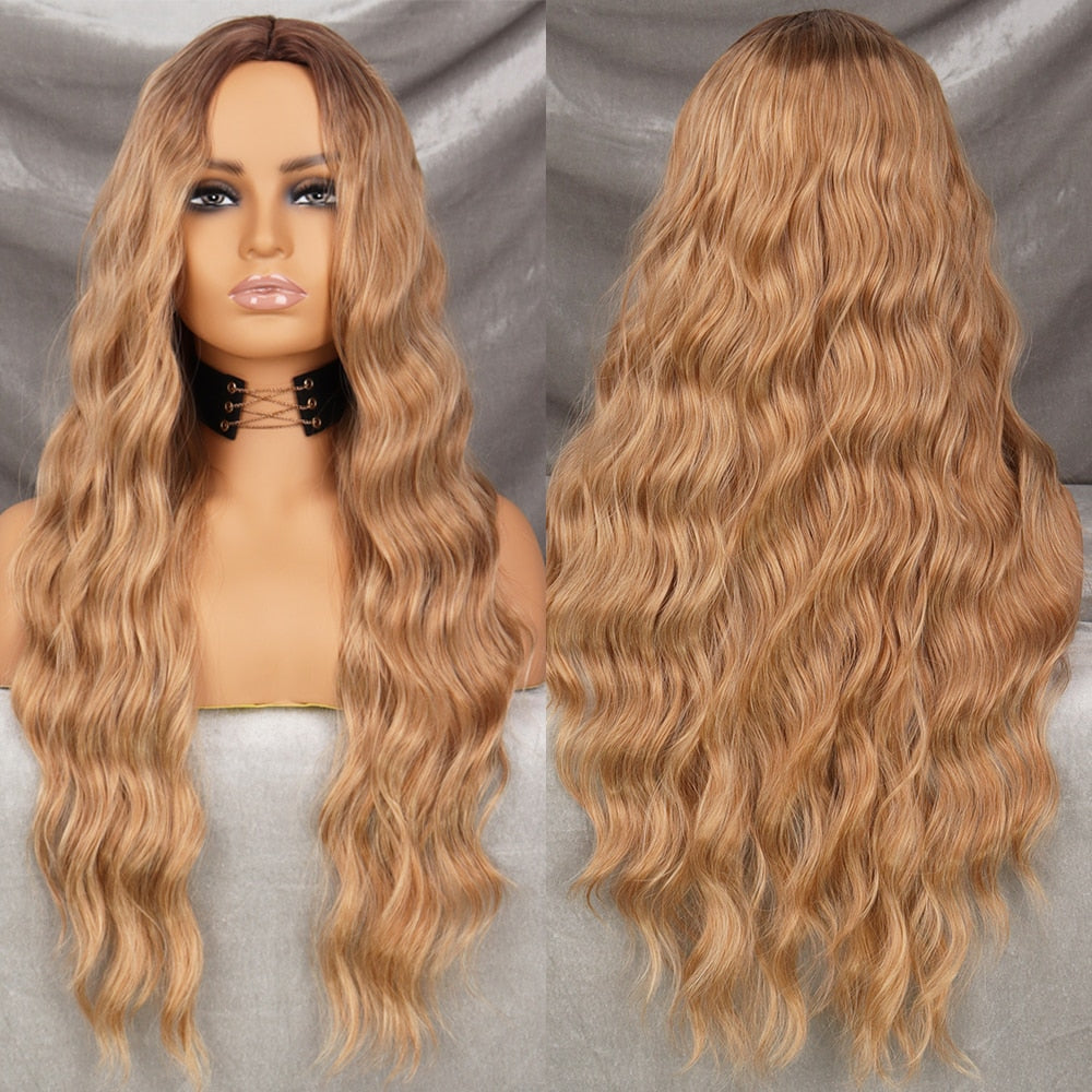 Long Wavy Green Synthetic Wig Women's Heat-Resistant Natural Half Part Cosplay Party Lolita Red Black Pink Wig