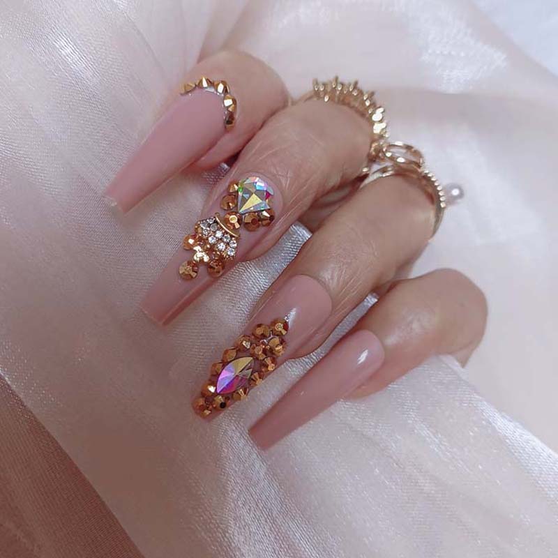 24pcs luxury jewelry long ballet coffin fake nails crystal diamond Transparent