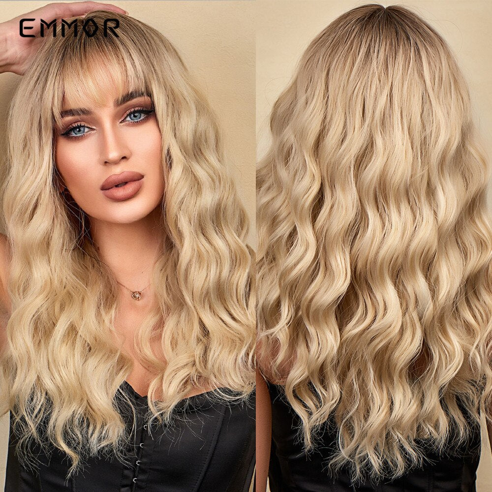 Synthetic Wigs Ombre Pink Brown Wig With Bangs Layered Hair Cosplay Daily Party Natural Heat Resistant Wigs for Women