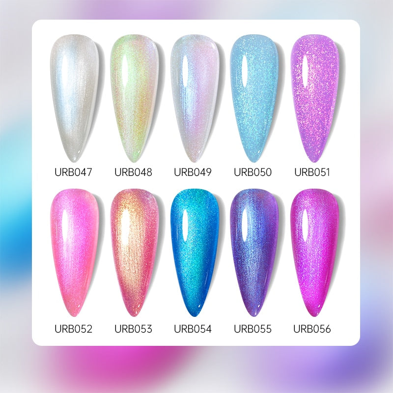 Aurora Rubber Gel Nail Iridescent Pearl Effect Metallic Mirror Nails Manicure Soak Off UV LED No Wipe Top Coat Base Gel