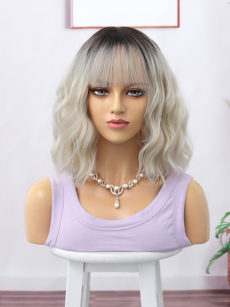Ombre Blonde Short Bob Synthetic Wig For Women With Bangs White Gold Body Wave Cosplay Lolita Natural Heat Resistant Hair