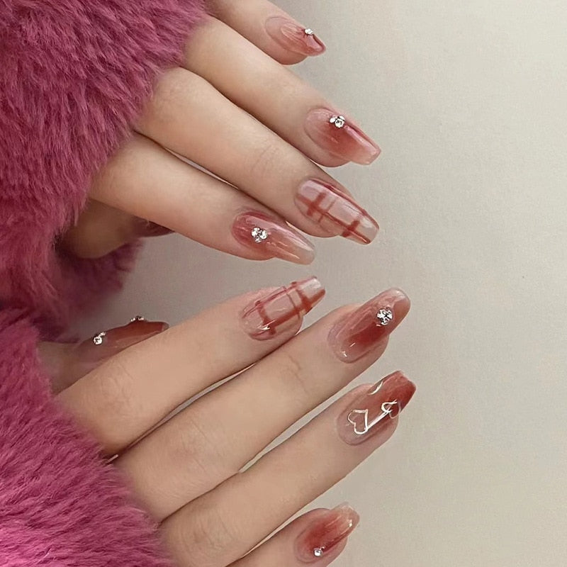 24pcs Bridal Nail Art tips with design press on nails long false nails glue coffin nail tips Rhinestones Glitter stick on nails