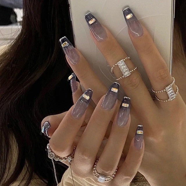 24pcs Butterfly decorated false nails Removable Long Paragraph Manicure fake nail tips full cover acrylic for girls nail
