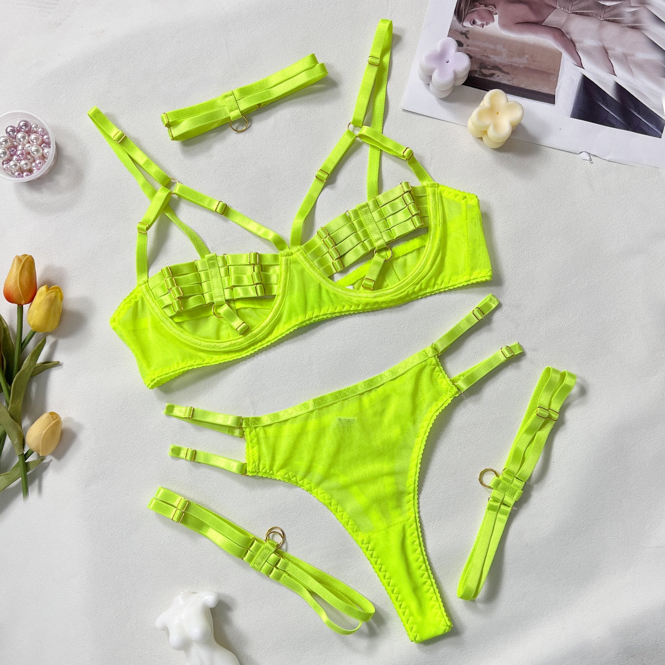 Sexy Lingerie Naked Women Without Censorship 5-Piece Sexy Costume Hollow Underwear Uncensored Sensual Open Bra Outfits