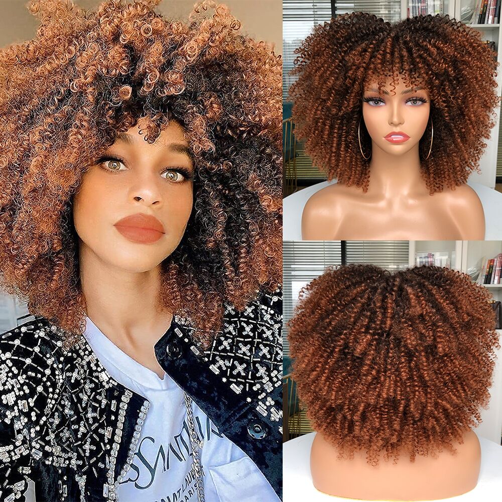 Short Afro Kinky Curly Wig With Bangs For Black Women Synthetic Natural Blonde Cosplay Wigs Glueless High Temperature Hair