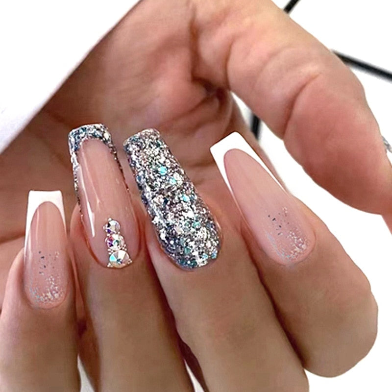 24Pcs Wearable False Nails with glue Long Ballerina Pink Press On Nails French Full Cover Coffin Fake Nails tip with rhinestones