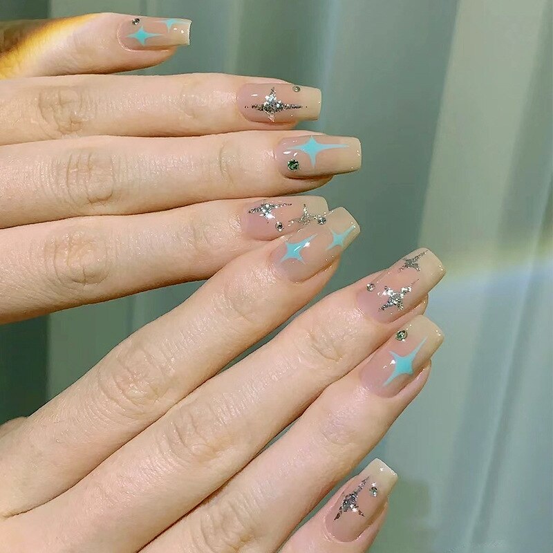 24pcs pink clouds design false nails with glue press on nails medium length acrylic nails coffin full cover nails tips supplies